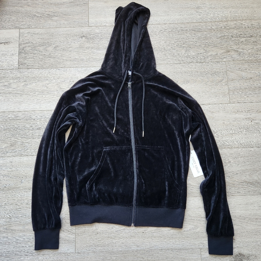 Cozy Gear Black Velour Zip-Up Hoodie Womens Medium Loungewear Activewear Nwt